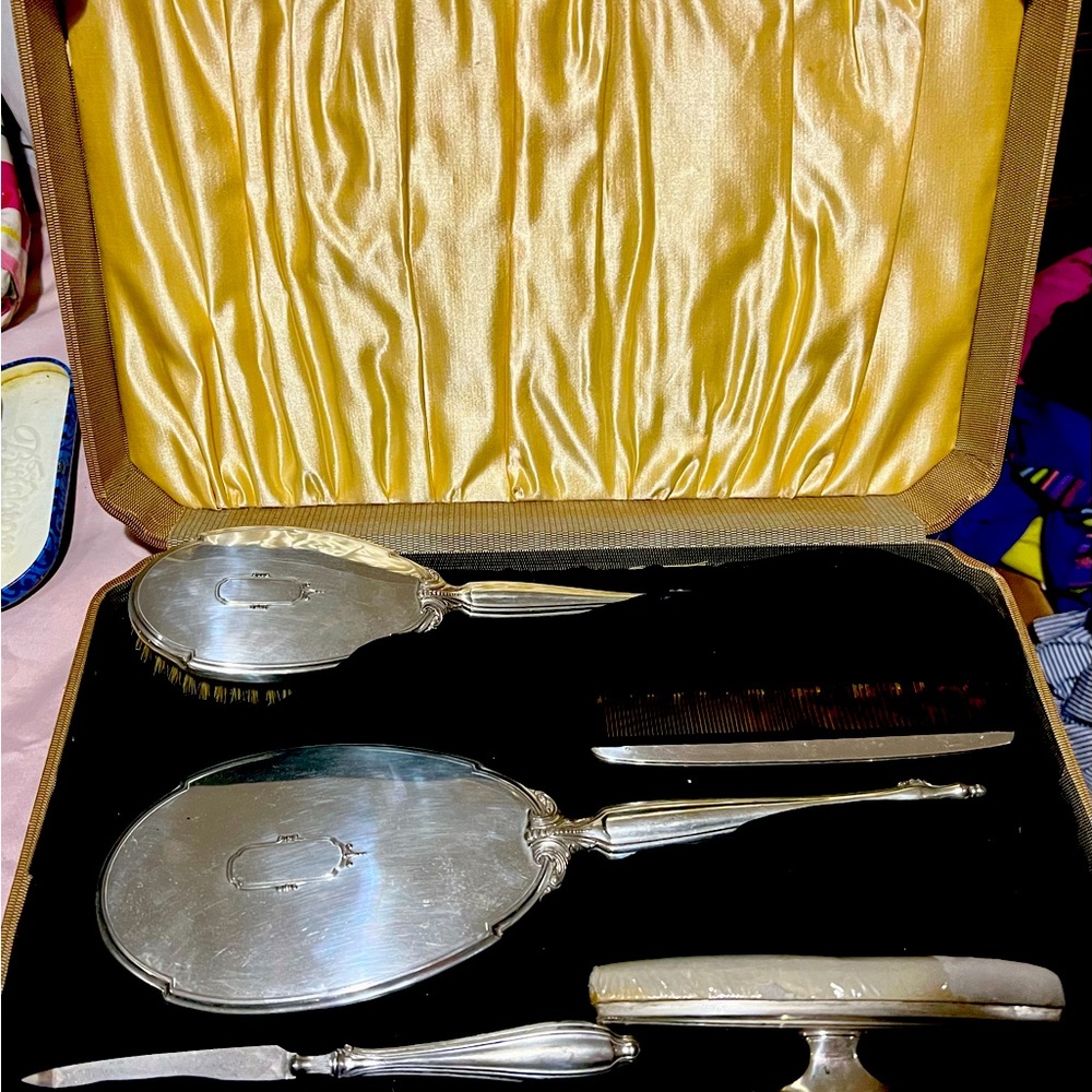 Elegant Silver Vanity Set with Case